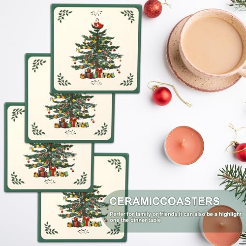 Vintage Christmas Tree Ceramic Coasters Set of 4 - Holiday Drink Mats for Home & Gifts