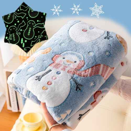 Christmas Snowman Blanket Gift, Glow in The Dark Blanket, Cozy Soft Fleece Blanket for Holiday D?cor, Children Boys Girls Teens Holiday Theme Blanket, 50"*60", Kids Blanket, Sky Blue