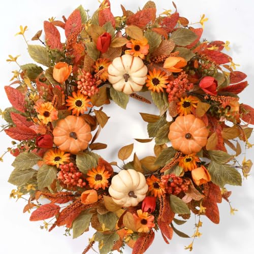 Fall Wreath for Front Door 26 Inch - Autumn Decorations for Home - Orange