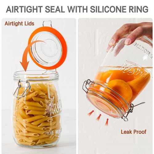 32Oz Glass Food Storage Jars Set of 4 with Airtight Hinged Lids - Wide Mouth Kitchen Containers