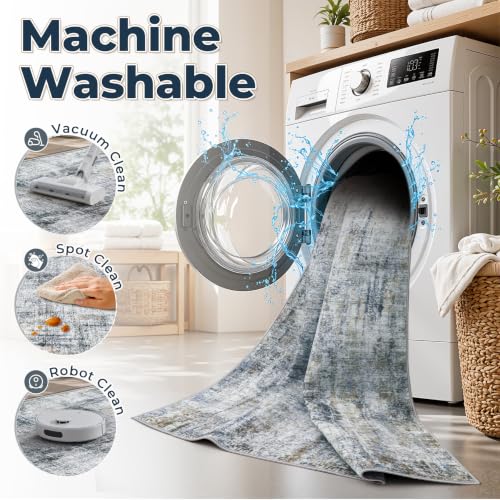 6x9 Washable Area Rug - Abstract Neutral Non Slip Indoor Carpet for Dining & Bedroom - Multi Blue