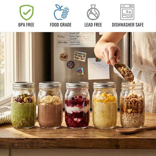 12 Pack Wide Mouth Mason Jars with Airtight Split Lids - 32 oz & Decorative Accessories