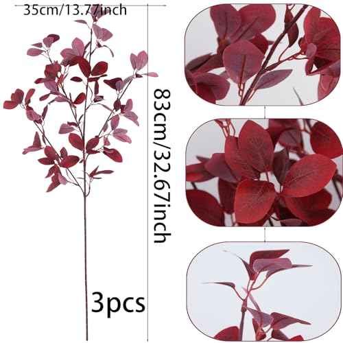 CISDUEO 3 Pcs Artificial Fall Maple Leaves Branches With Stems - Autumn Eucalyptus for Thanksgiving Home Indoor Kitchen Festival Table Centerpieces Decoration - Red