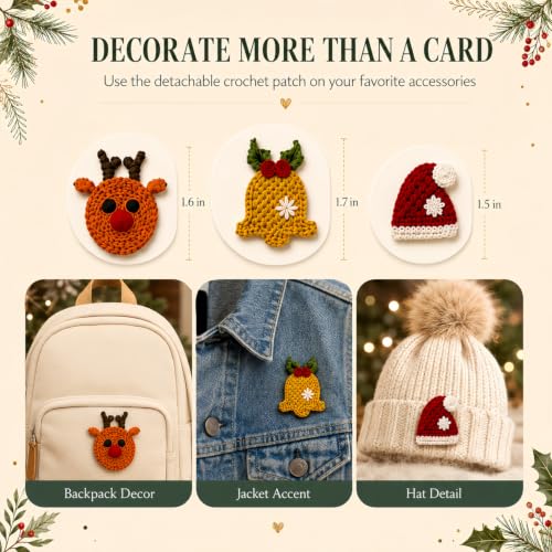6 Pcs Christmas Greeting Cards with Removable Crochet Appliques - Holiday Seasonal Notes
