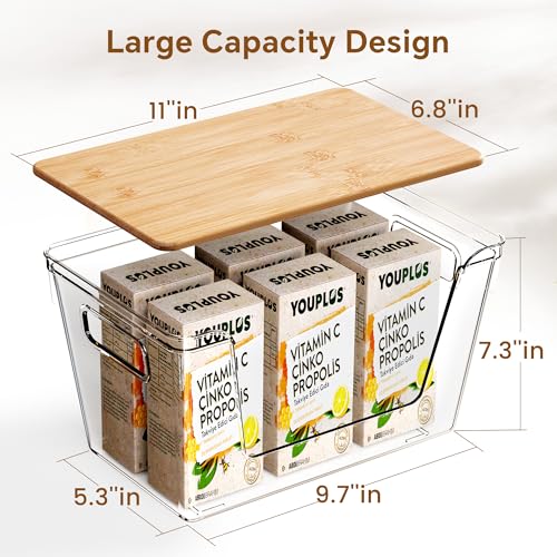 Criusia 4 Pack Large Stackable Pantry Organizers with Bamboo Lids for Kitchen Storage
