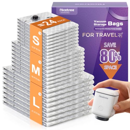 Nicetree 24-Pack Vacuum Storage Bags Combo Set with Rechargeable Wireless Pump - 3 Sizes Travel Space Saver for Clothing & Bedding