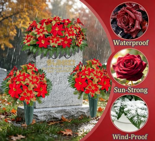 Artificial Cemetery Flowers Christmas Poinsettia 3-Piece Memorial Set