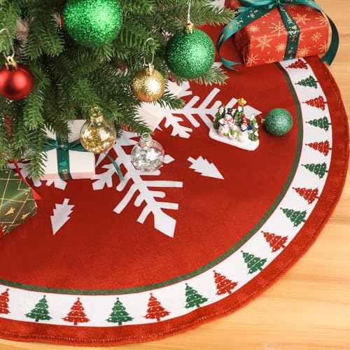 MACTING Christmas Tree Skirt, 30 Inch Round Red Polyester Christmas Tree Skirts with Big Snowflake and Christmas Tree Printed for Holiday Party Rustic Xmas Tree Decoration