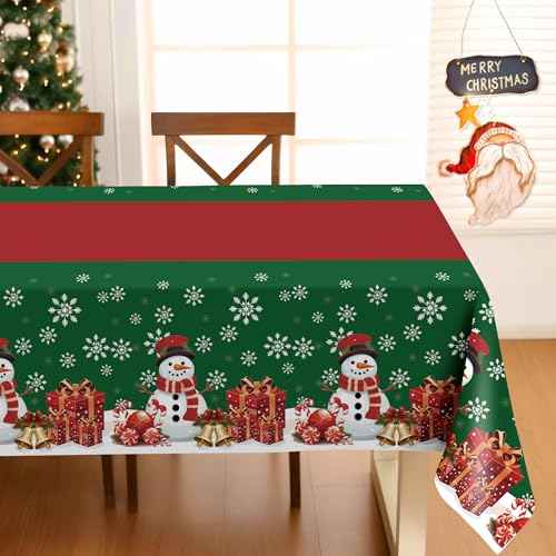Childom 2 Pack Christmas Tablecloth,Disposable Plastic Tablecloth 54" x 108" Christmas Decorations Xmas Party Supply,Snowman Green Table Cloth,Plastic Table Cover for Indoor,Outside,Home,Dinner,Party