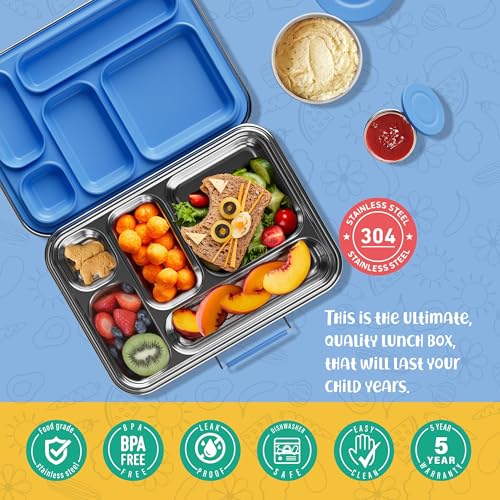 AOHEA Blue Stainless Steel Kids Bento Lunch Box 33oz 5 Compartments BPA-Free