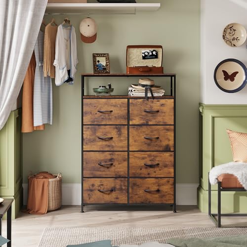 WLIVE Rustic Brown Fabric Dresser with 8 Drawers & Open Shelves - Stable Storage
