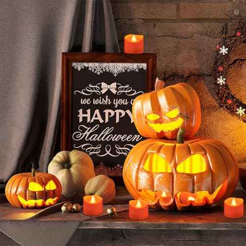 12 Pack Orange Tea Lights Battery Operated, Flameless Flickering Halloween LED Votive Tealight Candle, Outdoor Battery Flicker Electric Fake Candles Bulk for Pumpkin Christmas Fall Decorations