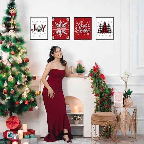 BESERH Red Christmas Wall Decor, Joy Christmas Buffalo Plaid Trees Snowflakes Posters Wall Art Prints, Christmas Pictures Wall Decor, Christmas Wall Decorations, 8x10 Inches Set of 4 Unframed