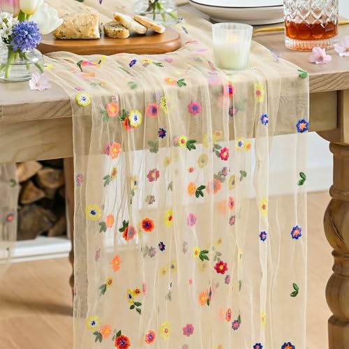 Artoid Mode Champagne Embroidery Daisy Gauze Table Runner 28 x 120 Inch