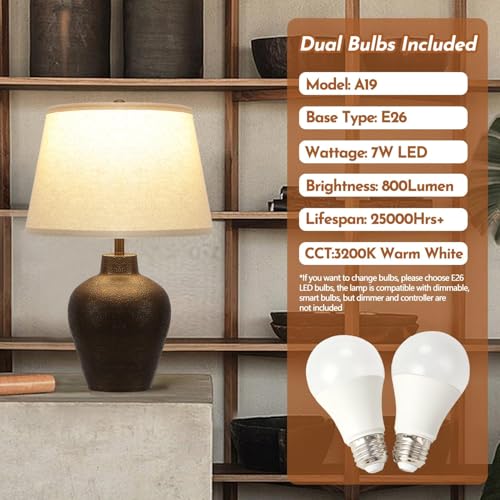 Farmhouse Rustic Table Lamps Set of 2 - Brown Nightstand Lamps for Bedroom & Living Room