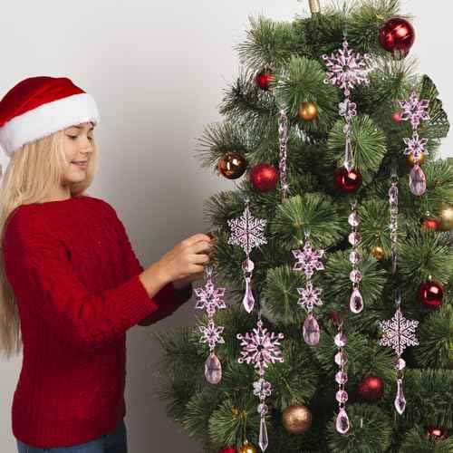 18pcs Crystal Christmas Ornaments for Christmas Tree Decorations-Pink Hanging Acrylic Snowflake and Icicle Ornaments with Drop Pendants for New Year Party Decorations Supplies