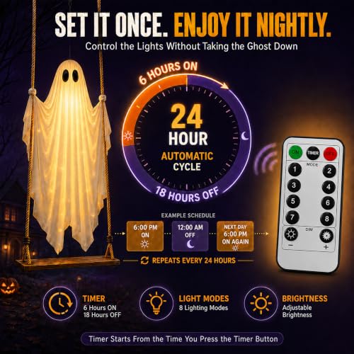 EMPJJLZ 6.5FT Hanging Swing Ghost Halloween Outdoor Decor with Remote Light Up & Motion