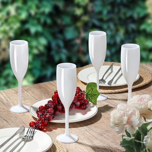 White Acrylic Champagne Flutes 5.4 OZ Unbreakable Reusable Stemmed Glasses for Christmas & Parties