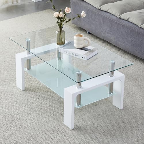 White Rectangle Glass Coffee Table - Modern Living Room Accent Furniture