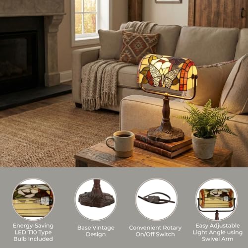 Multicolor Tiffany Style Bankers Desk Lamp with Stained Glass Butterfly Shade