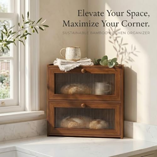 Brown Corner Bamboo Bread Box with 2 Tiers for Kitchen Countertop Storage - Space-Saving Organizer
