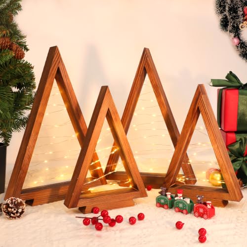 6 Pcs Wooden Christmas Tree with Lights Set - Charred Pine Tabletop Holiday Decor