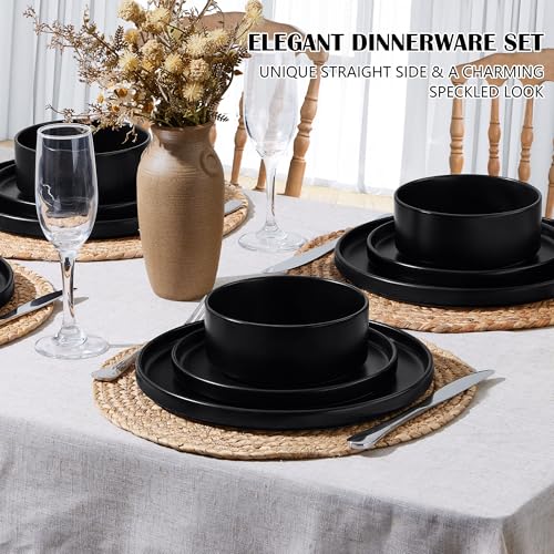 Matte Black Stoneware Dinnerware Set for 4 - 12 Pieces