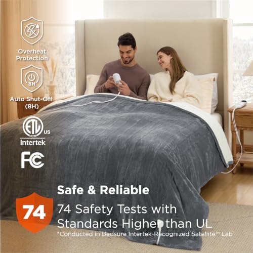 Bedsure King Size Heated Blanket - Grey, Dual Control, 6 Heating Levels & Timer