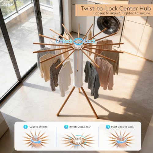 Natural Wood & White Clothes Drying Rack with 16 Arms, Foldable & Heavy-Duty
