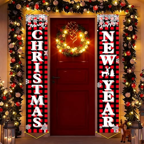 iPartycool Christmas Decorations, Merry Christmas Banner Happy New Year Buffalo Plaid Christmas Decor Christmas Door Banner Hanging Merry Christmas Decorations Banners for Outside Indoor Front Door
