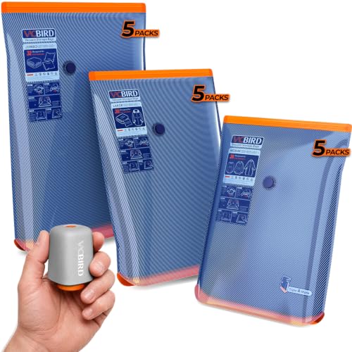 Vacbird 15 Pack Vacuum Storage Bags with Rechargeable Cordless Pump - Space Saver for Clothes Bedding and More
