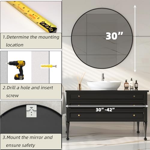 Round Black Bathroom Mirror 30x30 Inches Wall Mount Circle Mirror - Variation: Black / 30"L x 30"W / 1