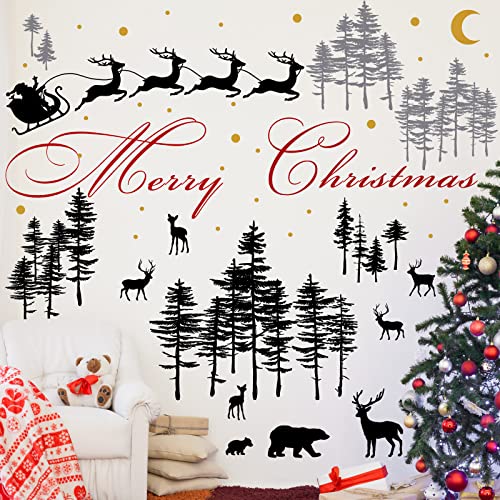 Kisston 3 Sheets Christmas Nursery Wall Decal Forest Deers Wall Stickers Woodland Nursery Decor Vinyl Bear Wall Stickers for Living Room Pine Tree Wall Decor with Stars for Room Bedroom