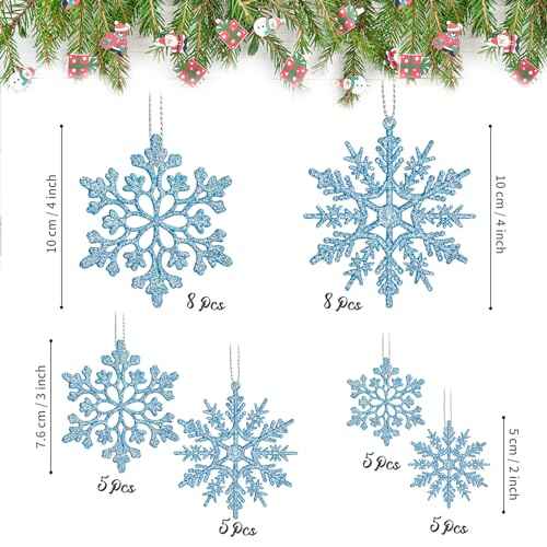 36 Pack Blue Snowflake Ornaments, Christmas Tree Decorations, Plastic Glitter Hanging Snow Flakes for Indoor Winter Christmas Tree Wonderland Decor
