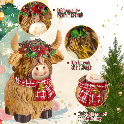 2 Pack Christmas Highland Cow Figurines Decor, Resin Table Decor - Burbell
