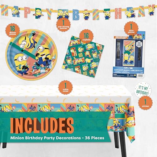 Minion Birthday Party Decorations Kit with Banner, Plates & More - Officially Licensed