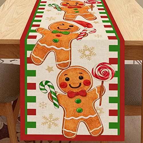 Seliem Christmas Gingerbread Man Table Runner, Green Red Xmas Santa Snowflake Home Kitchen Decor, Winter Holiday Candy Vintage Burlap Dining Decoration Indoor Outdoor Party Supply 13 x 72 Inches