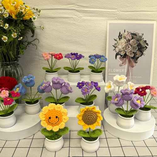 Crochet Flowers Bouquet Knitted Flowers for Home Office Desk Decorations, Christmas Stocking Stuffers Birthday Gifts for Women Teacher Coworkers Mom Sister Friends, Purple