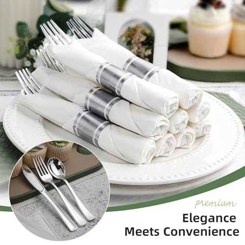 400-Piece Silver Disposable Cutlery Set with Napkins - Heavy Duty & Pre-Rolled for Parties