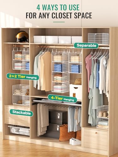 Orapoke White 4-Tier Hanging Closet Organizer without Drawer, Wall-Mountable Metal Storage Shelves
