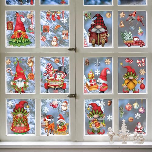 Christmas Gnome Window Clings Decals - Holiday Stickers for Home & Office - Xmas Decorations