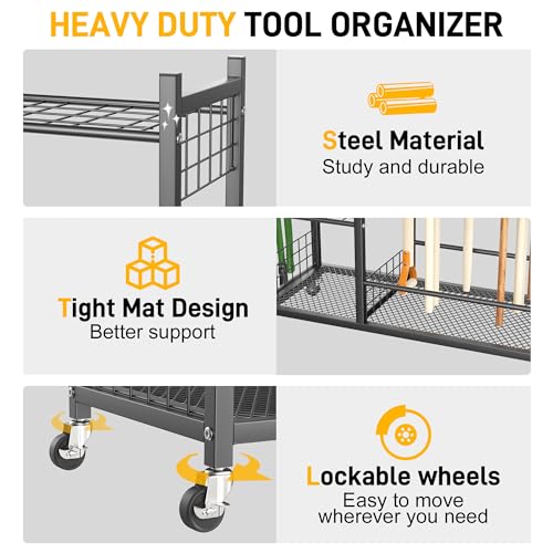 Large Garden Tool Organizer Stand with Wheels, Heavy Duty Steel Storage Rack