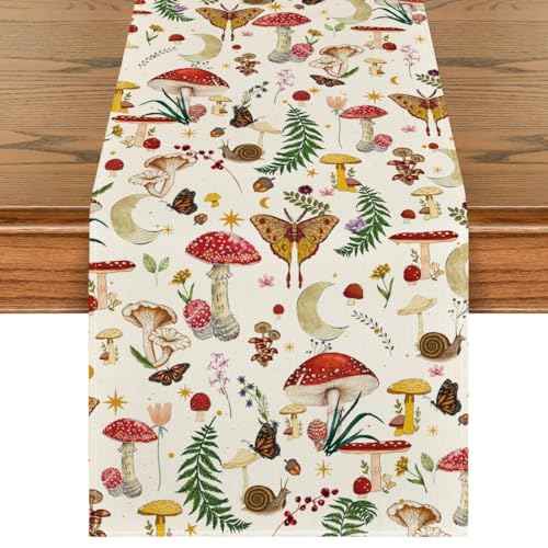 Artoid Mode Beige Modern Mushroom Table Runner, Seasonal Botanic Farmhouse Kitchen Dining Table Decoration for Home Party Decor 13x72 Inch
