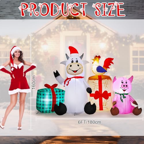 Capoda 6 ft Christmas Inflatable Farm Cow Scene with Pig & Chicken – Outdoor LED Yard Decor