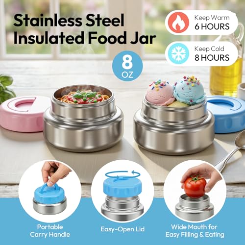 Stainless Steel Bento Lunch Box with 8oz Insulated Food Jar - Blue - 3 Compartments, Leak-Proof & BPA-Free for Kids & Adults