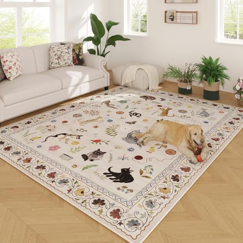 Large Washable Area Rug 8x10 Floral Animal Cat Design Non Slip Beige Variation of THIS listing