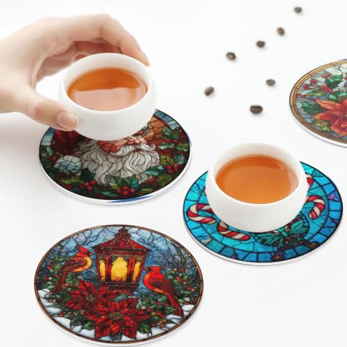 Christmas Coasters for Drinks with Holder Round Leather Set of 6 Cups