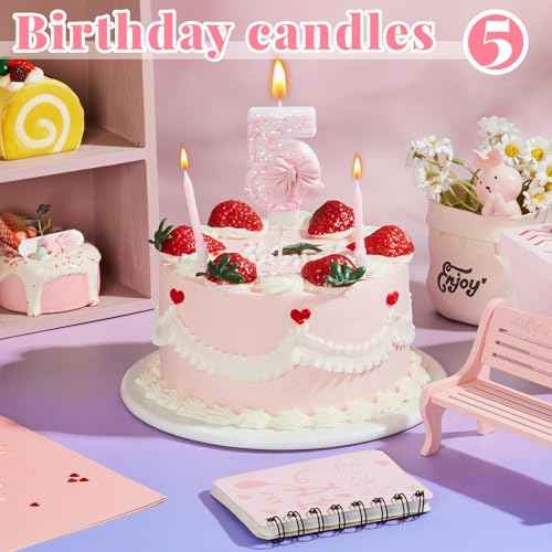 MTLEE 5th Number Birthday Candle Girls Pink Bow Glitter Happy Birthday Number Cake Topper with 10 Long Thin Spiral Cupcake Candle Bowknot Cake Decorations for Wedding Anniversary Princess Theme Party