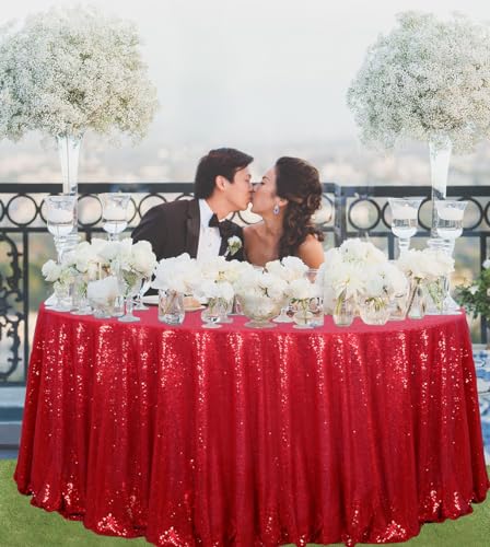 ShinyBeauty Red Sequin Round Tablecloth 120 Inch for Banquets & Holidays