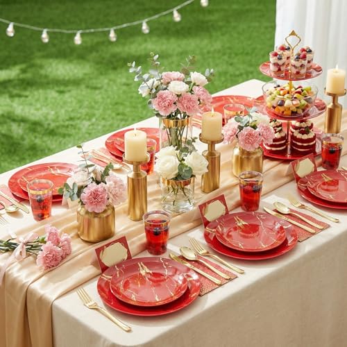 Disposable Dinnerware Set - 225 Pieces Red & Gold Plastic Plates for Hibachi & Asian-Themed Parties - Variation: Gold / 225PCS